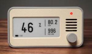 Beige digital climate monitor showing 46% humidity, 80.2 TEMP, and 996 PRESSURE on a wooden surface, with a knob and red indicator light.