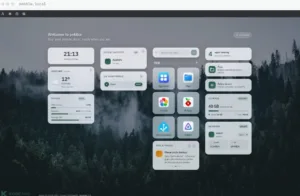 Pebble OS home dashboard with rounded widgets showing weather, system status, storage, and app icons over a forest background teaser image.