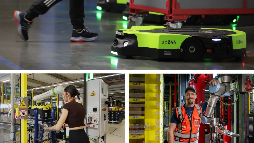 Industrial automation collage showing a bright green autonomous robot on a factory floor with workers and equipment nearby, highlighting a tech-driven manufacturing environment.