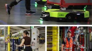 Industrial automation collage showing a bright green autonomous robot on a factory floor with workers and equipment nearby, highlighting a tech-driven manufacturing environment.