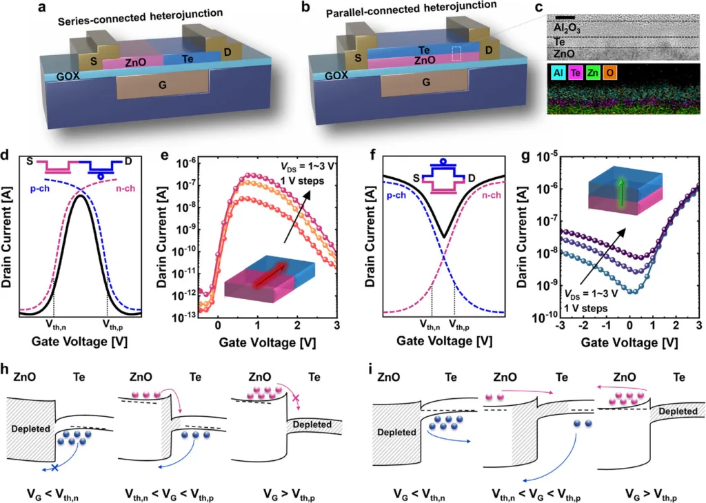 Multi-panel figure: (a,b) cross-sectional schematic of series- and parallel-connected ZnO–Te heterojunctions with GOX and gate; (c) material map showing Al2O3, Te, ZnO layers and a color-coded element map; (d–g) drain current vs gate voltage transfer curves and a 3D current plot illustrating p-channel and n-channel behavior; (h,i) depletion/transfer diagrams across ZnO–Te stack showing carrier movement under different gate conditions.