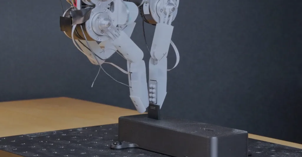 Metal robotic leg prototype mounted on a black testing stand with wires trailing from the joints.