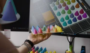 Person holds a tray of multicolored cone-shaped objects in front of a monitor displaying color swatches.