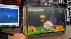 Aquarium with orange striped fish swimming near a skull decoration and artificial plants, placed beside a computer monitor displaying 3D graphics.
