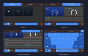 Dashboard mockups showing Macros and Widgets tabs with gauges, IP, and CPU panels in a dark blue theme graphic, four previews total.