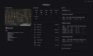 Airspace dashboard: dark UI with a map on the left and stacked data panels for aircraft, emergencies, and drones.