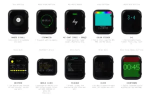 Grid of twelve Apple Watch faces showing different tools and themes (Stopwatch, AI Chat, Color Picker, Weather, World Clock, Countdown).