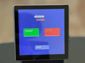 Screen showing 404VM STOPPED with a green Start button and a red Stop button, plus a Back option below.