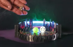Hand releasing a white d20 above a futuristic circular city ring lit with neon blue and green hues and glowing dice inside.