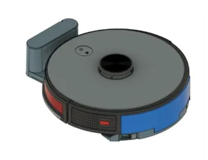 Round robotic vacuum with blue side panel and red front vent near its charging dock.