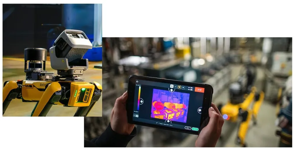 Industrial robot with a yellow body and sensor on a track, while a person holds a tablet showing a thermal image of factory equipment in the background.