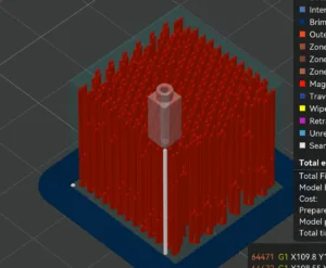Isometric 3D render of a 3D printer bed with dense red vertical supports around a central vertical shaft on a blue build plate
