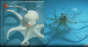 Two-panel image: left panel shows a white octopus in a clear tank with tubing and a red valve; right panel shows a translucent squid with spread tentacles underwater in blue water.