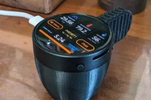 Round smartwatch displaying health metrics and settings on a black banded strap.