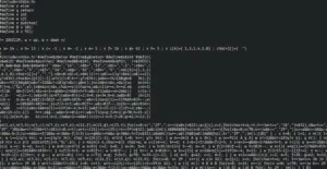 Dark terminal screenshot showing C code with #include and #define lines, plus dense garbled output
