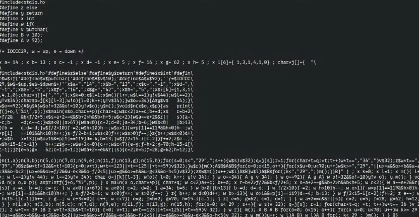 Dark terminal screenshot showing C code with #include and #define lines, plus dense garbled output