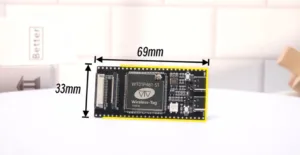 Wireless-Tag module on a black circuit board outlined in yellow; shows dimensions 69 mm by 33 mm and the label WT01P461-S1 Wireless-Tag.