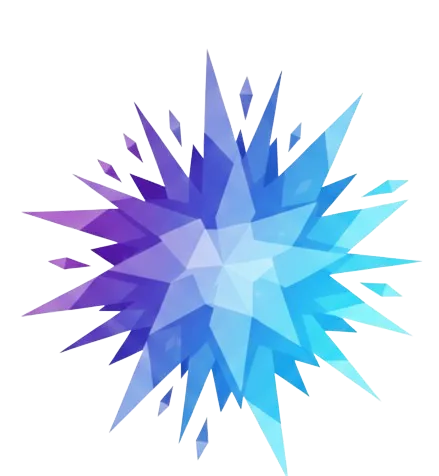 Abstract geometric starburst in blue and purple hues, resembling an explosion of triangles on a black background, conveying energy and creativity.