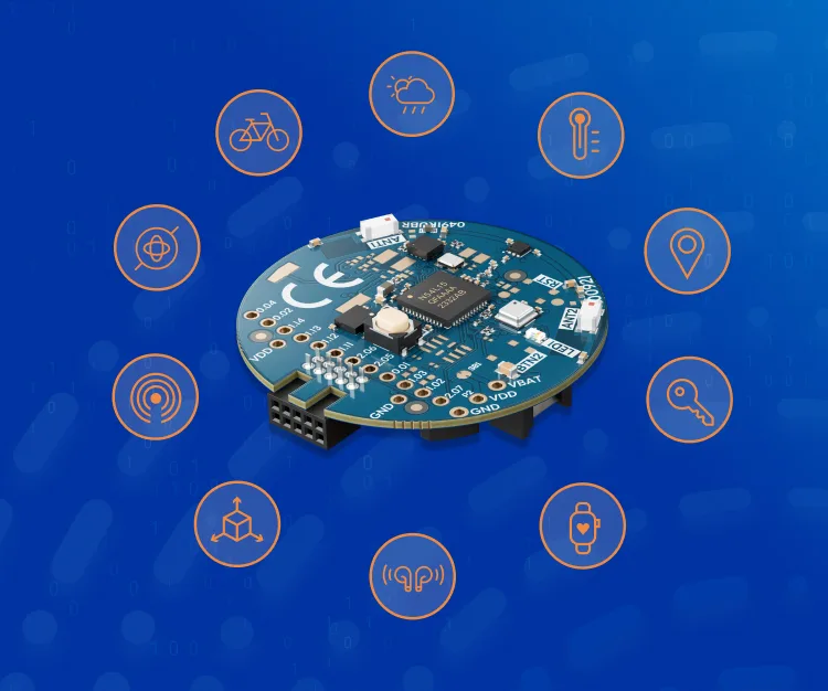 Circular IoT development board at the center with surrounding icons for cloud, temperature, location, cycling, wireless signal, and sensors indicating connected features.