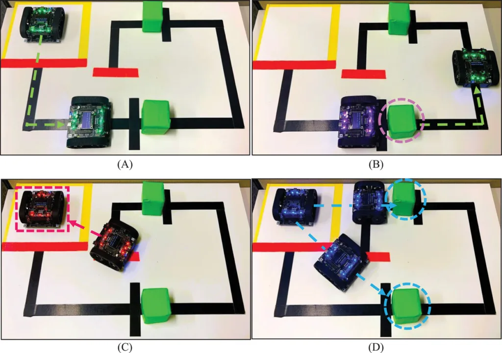 Two small robots navigate a white maze with black walls; a green block and red barrier are present, with a dashed green route shown. The scene suggests a planned path.