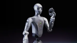 Silver humanoid robot with a transparent chest panel showing internal circuitry, holding a small round ball against a dark background.