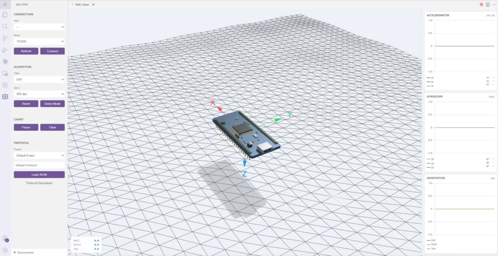 3D PCB model hovering above a triangular grid in an IMU test interface with axis indicators.
