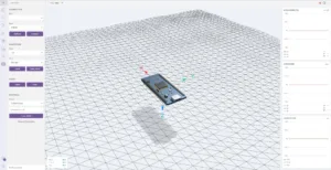 3D PCB model hovering above a triangular grid in an IMU test interface with axis indicators.