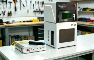 Desktop laser engraving system on a lab bench with a white base unit labeled 'DP-C1' and a control panel showing DragonPrint logo.