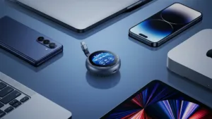 Blue-toned collection of modern devices arranged on a reflective surface: laptop, tablet, two smartphones, a smartwatch, and a wireless charger/standby puck.